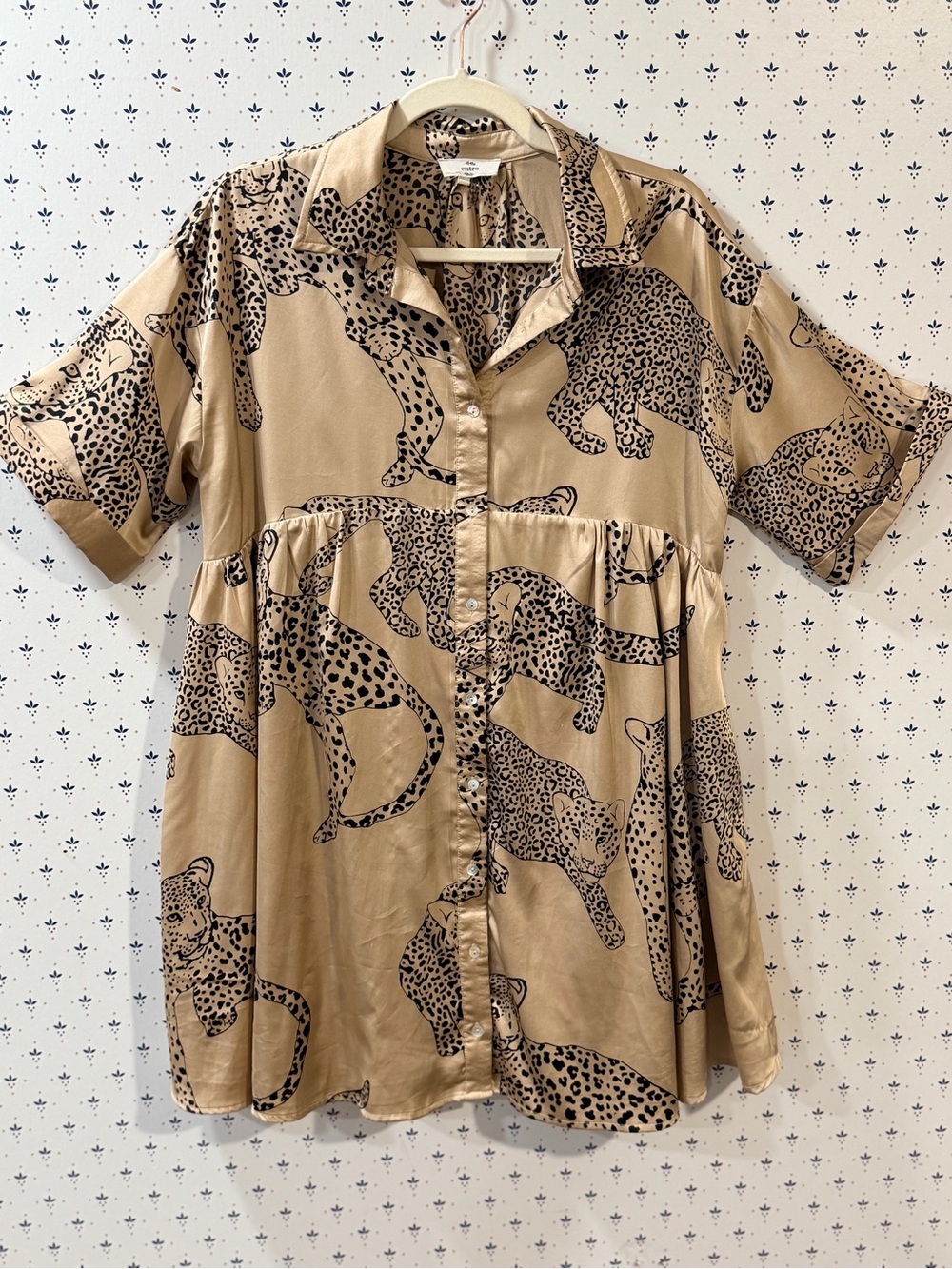 Entro Leopard Cheetah Print Satin Button Down Babydoll Tunic Dress S
